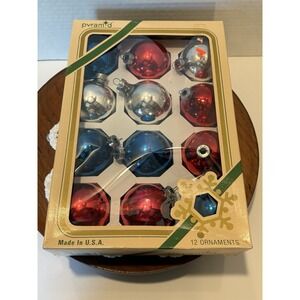 Vintage Pyramid Christmas Ornaments One‎ Box of 12 Blue Red Silver Glass Bulbs